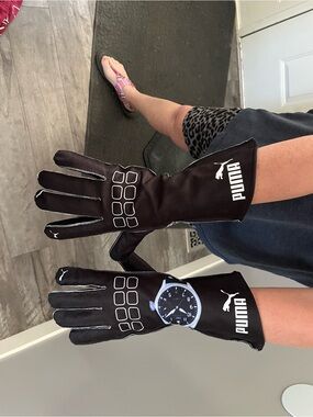 Puma Black Driving Gloves with White Logo and Watch Print